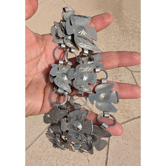 VTG Southwestern Silver Toned Thunderbird Metal Concho Chain Belt Boho Hippie main image 5